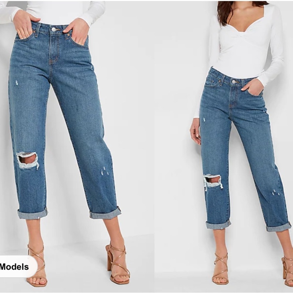 Express - Mid Rise Ripped Boyfriend Jeans - Picture 2 of 9